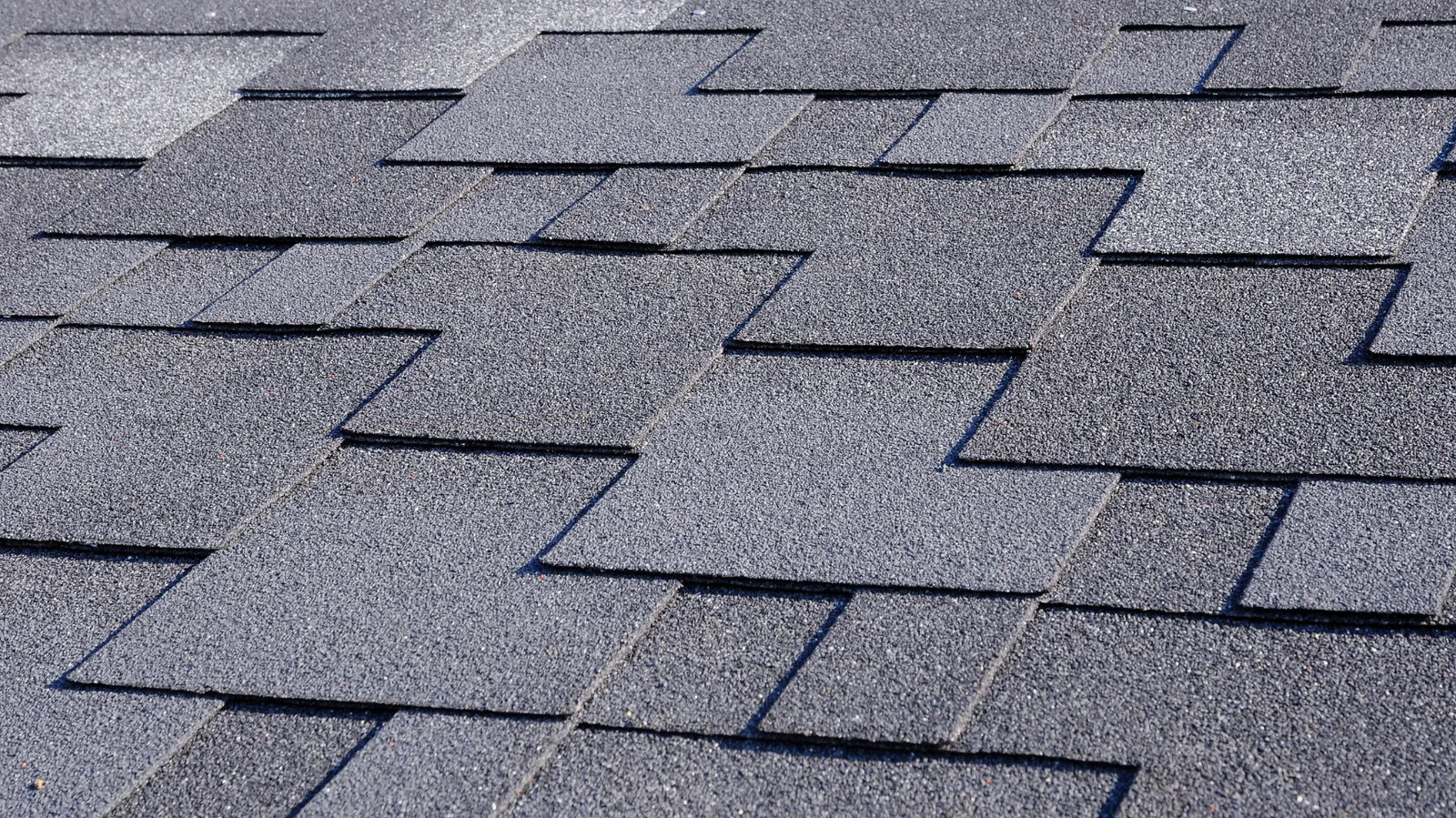 Close-up of gray asphalt shingle tabs layered in sunlight
