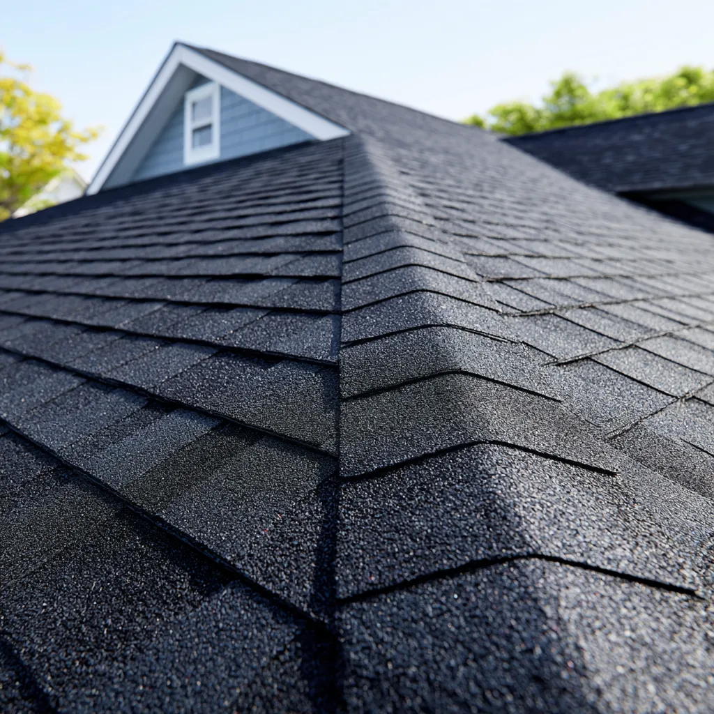 Black shingle roof ridge with a blue dormer gable behind