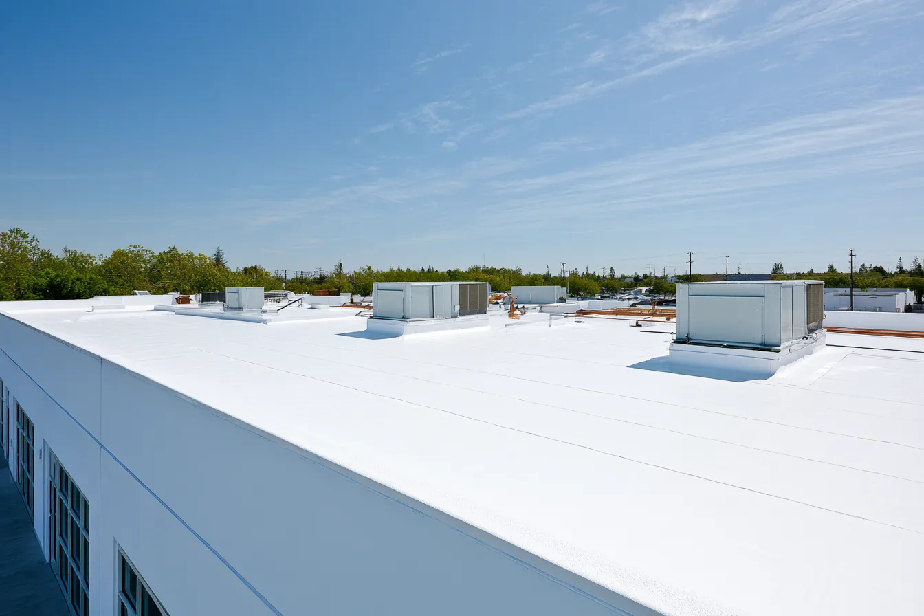 Visible seam lines and rooftop equipment on a bright white flat roof