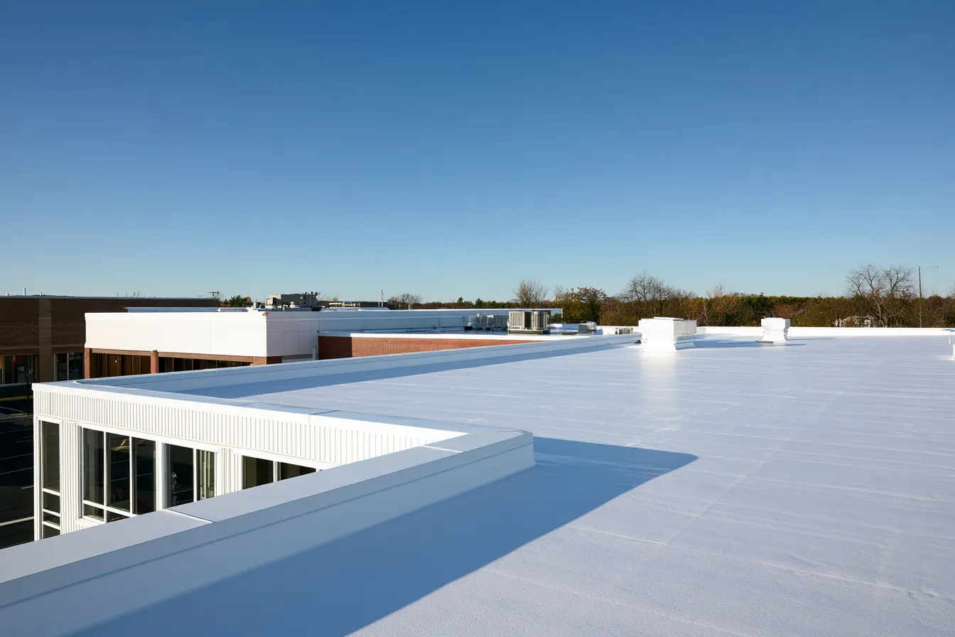Coated flat roof and parapet edge on a retail building