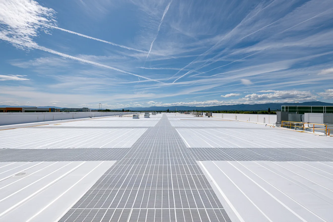 A dramatic sky stretches above a walkway pad crossing a white flat roof