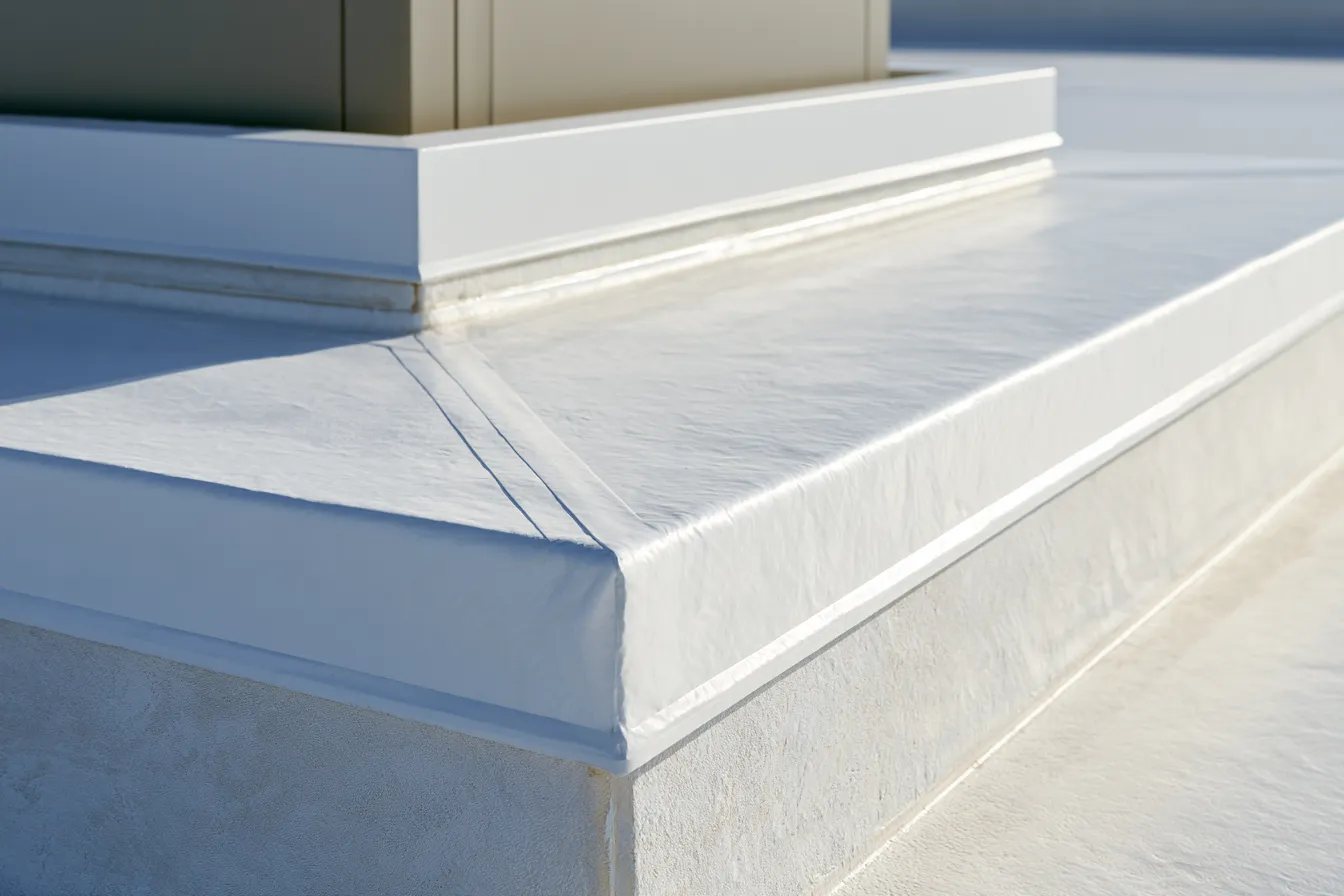 Membrane-wrapped corner detail at a rooftop curb in close-up