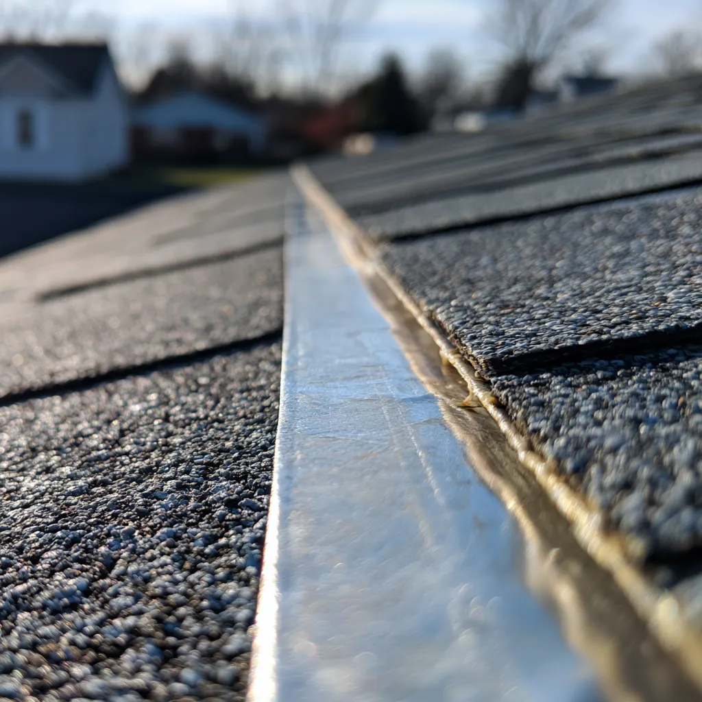 Between asphalt shingle courses runs a shiny metal flashing channel