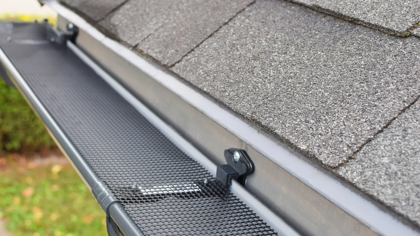 Gutter topped by a clipped mesh guard next to gray asphalt shingles