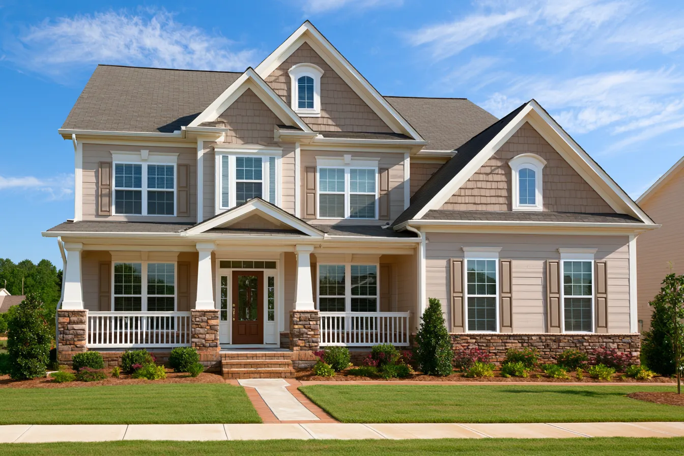 Stone porch columns on a tan two-story home under a brown shingle roof