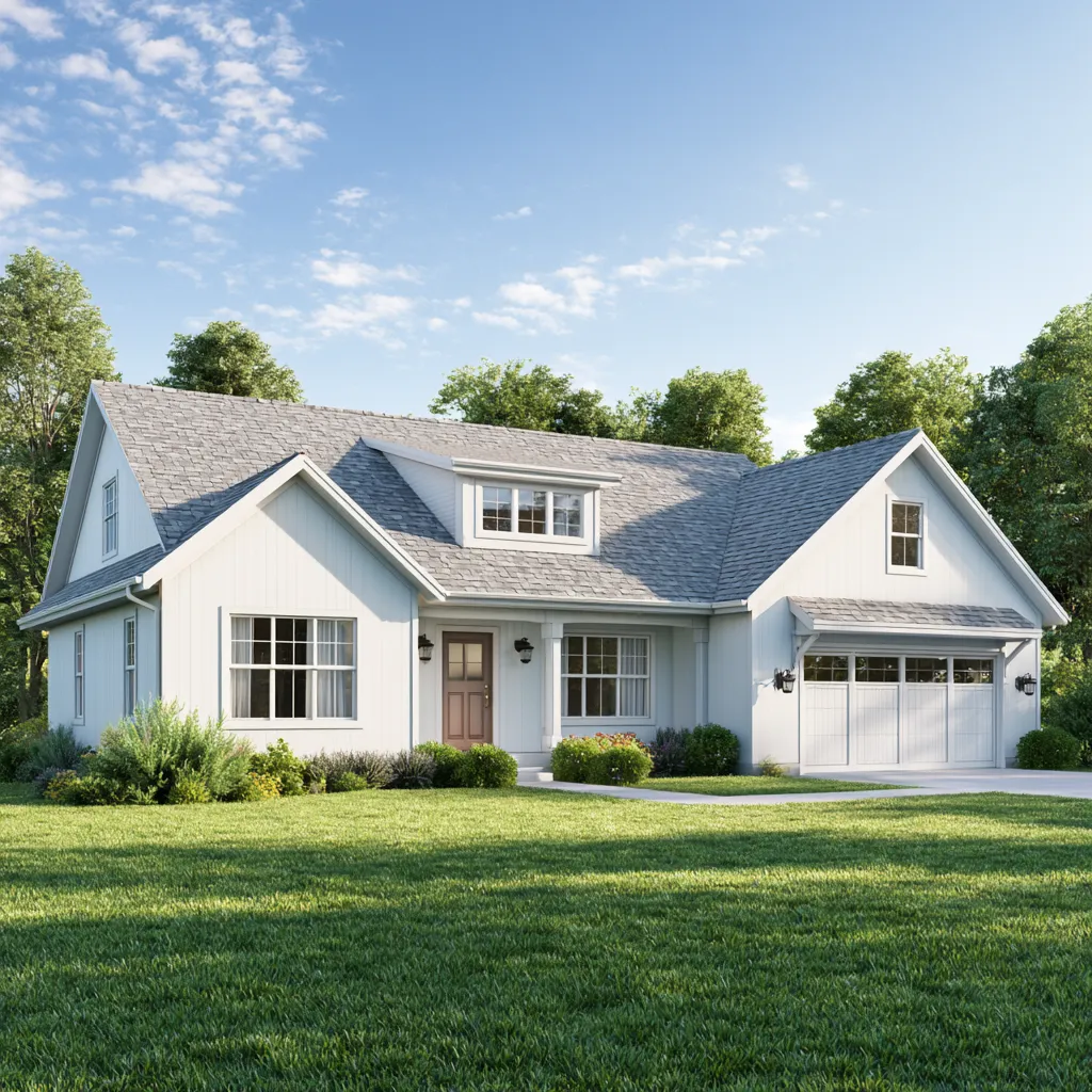 Light gray asphalt shingle roof on a white farmhouse style home