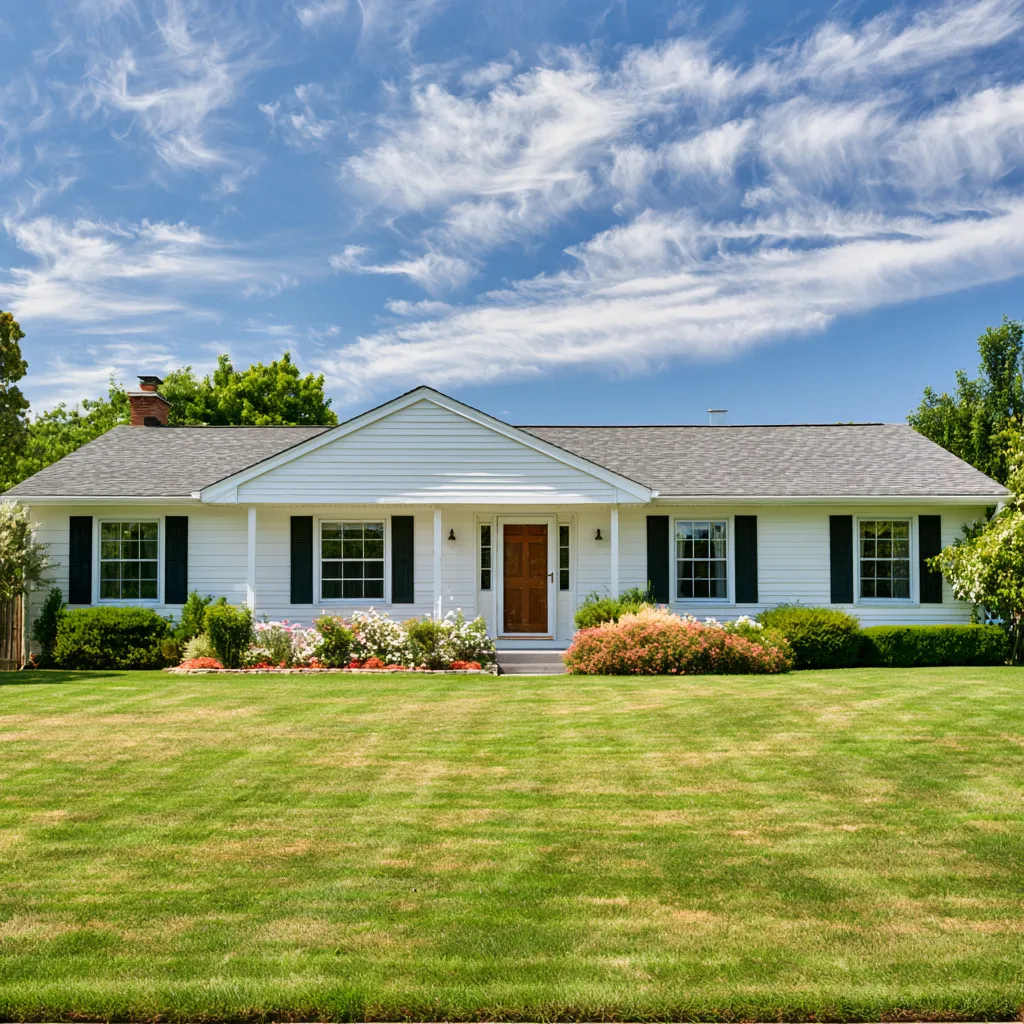 Gray asphalt shingle roof and black shutters on a white ranch house