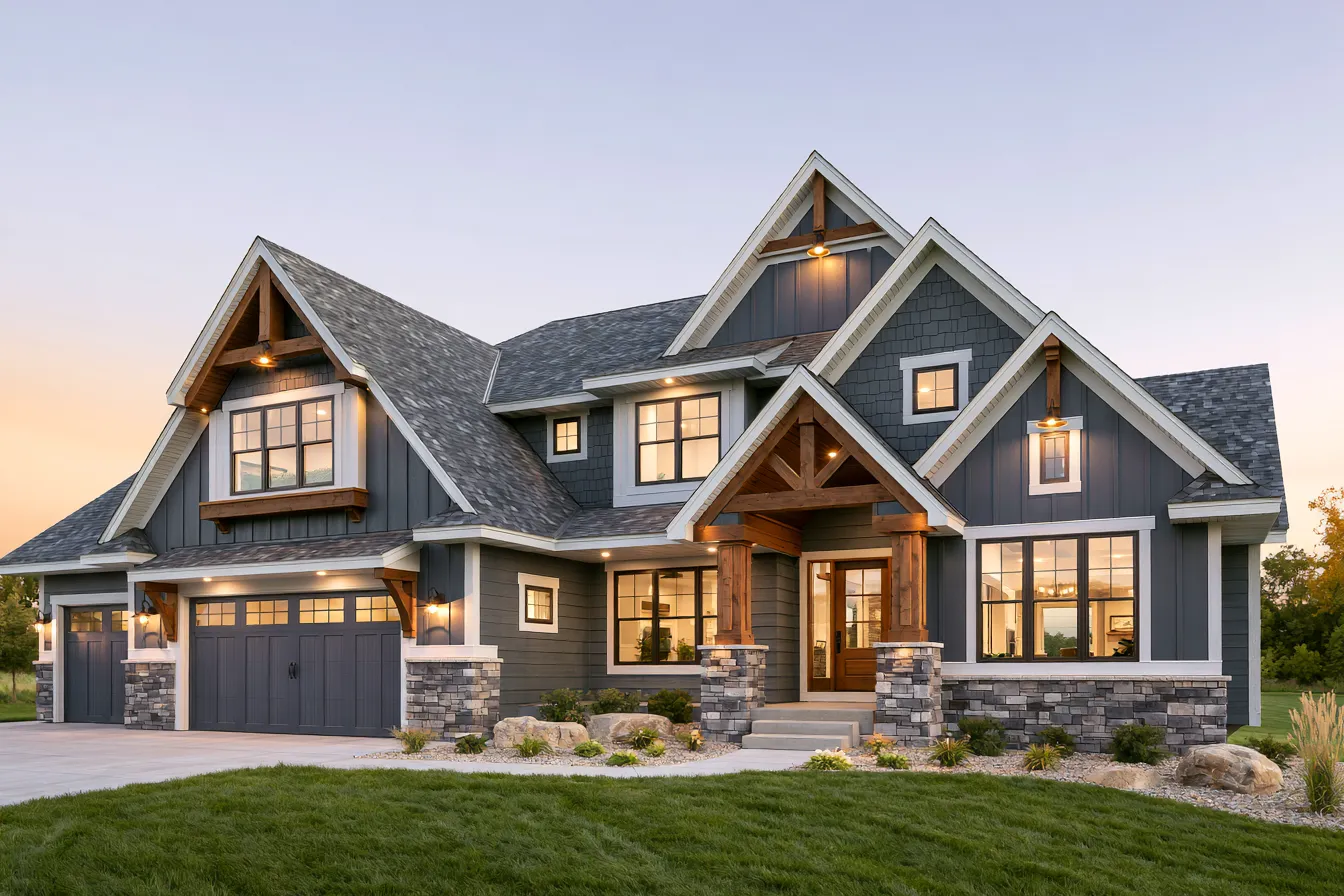Under a gray shingle roof this two-story craftsman home features dark siding and timber gable beams
