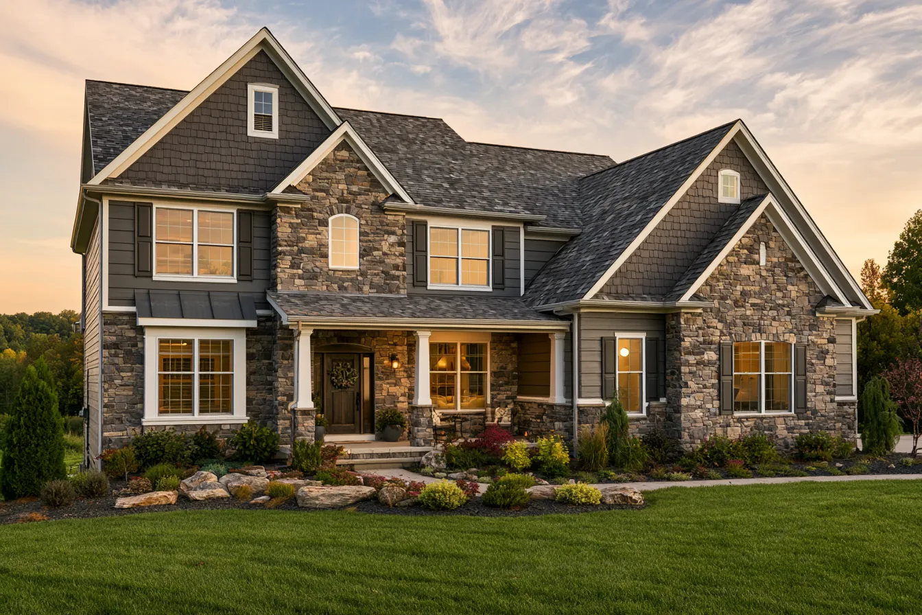 Under a dark gray shingle roof this two-story home combines stone and siding with a covered porch