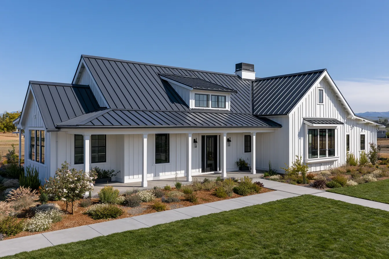 Blue sky above a white farmhouse style home wearing a charcoal standing seam metal roof