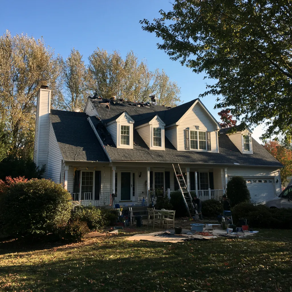 Ladder and equipment below roofers working on a two-story house