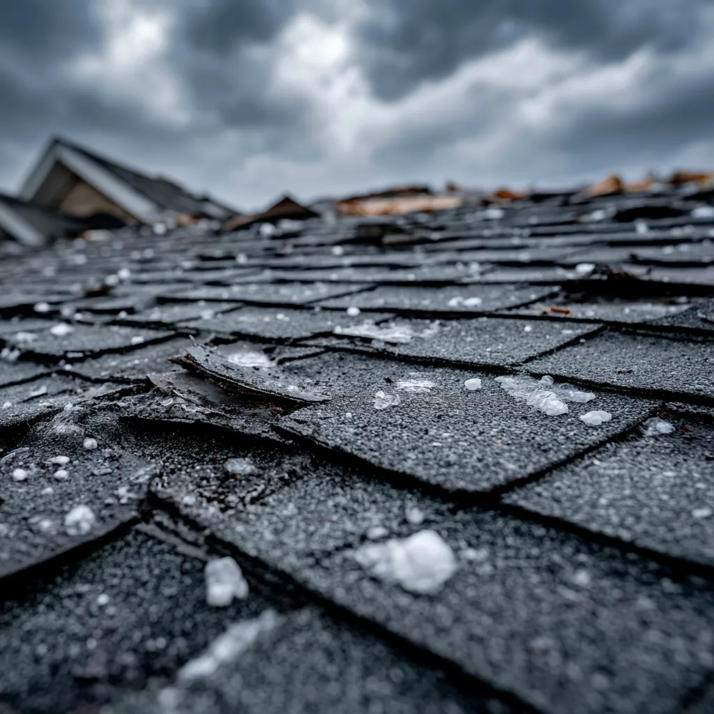 Dark shingles with chipped edges holding hail beneath gray clouds