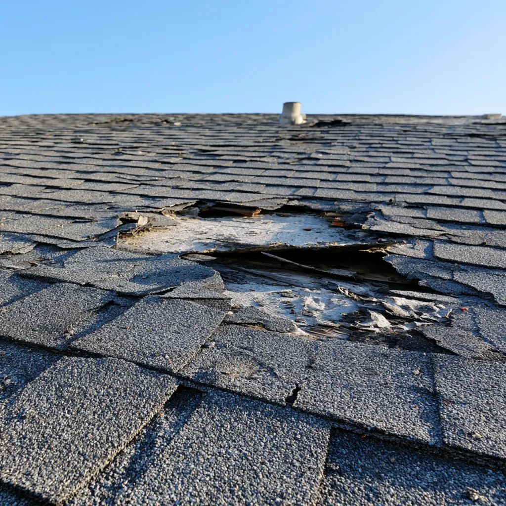 Broken shingles and a punctured patch on a roof slope