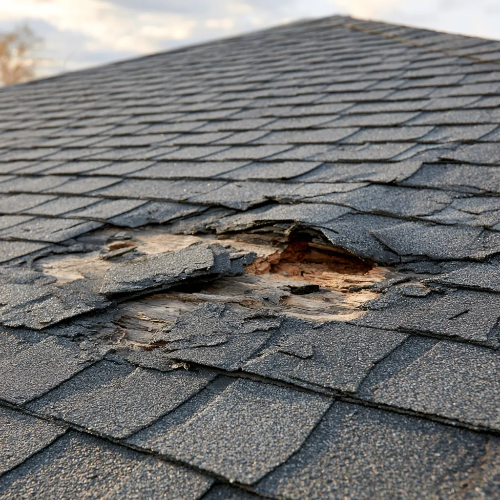 Hole in dark shingles with splintered decking showing through